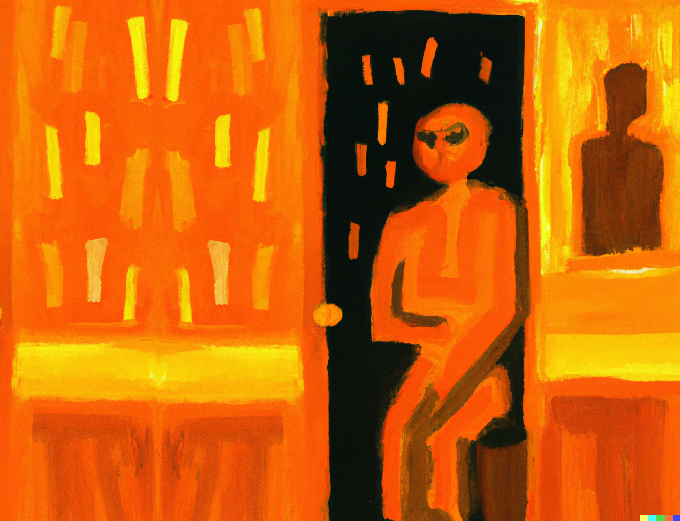 DALL·E 2022 12 06 11.10.05 AN OIL PAITING BY MATTISE OF A PERSON THINKING VERY HARD INSIDE A Toilets with a stained light and a sticky smell of orange spray. A black night was v 1