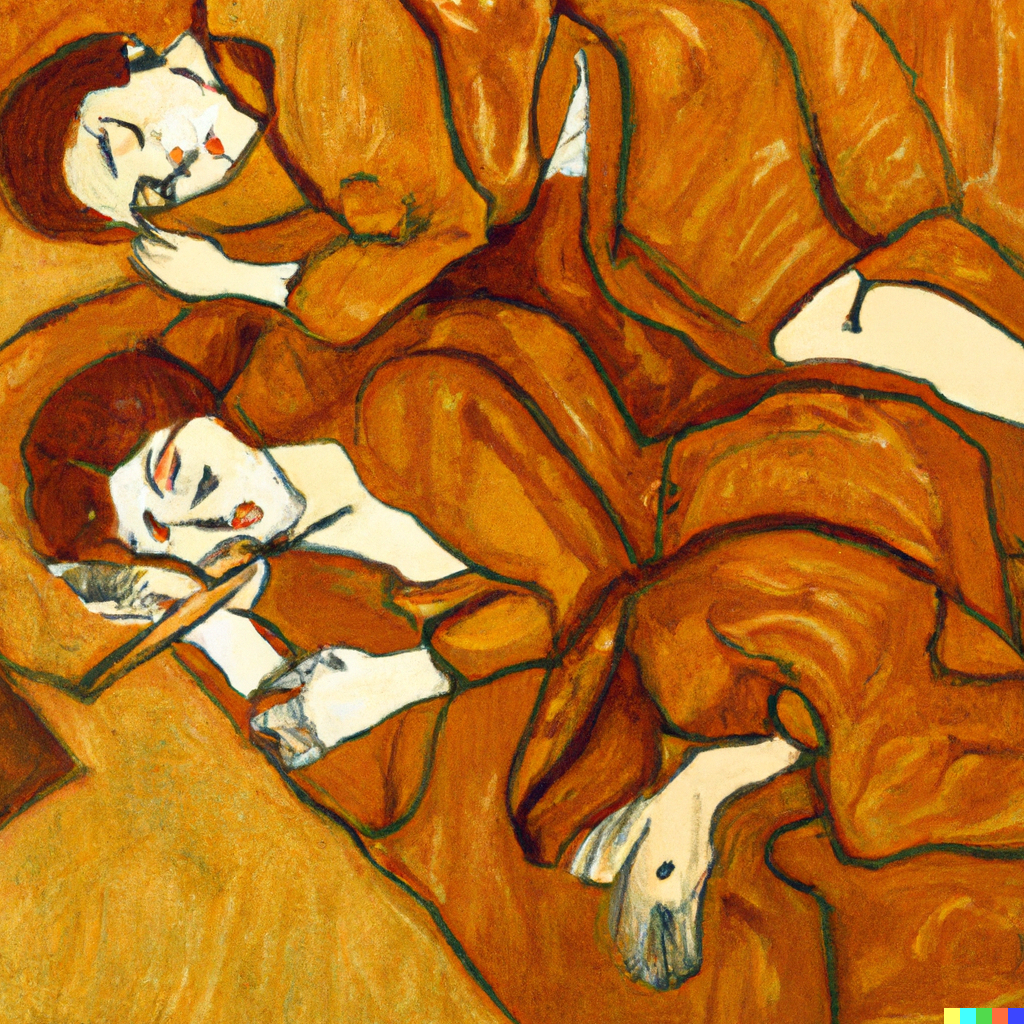 DALL·E 2023 05 07 12.31.55 egon schiele style A COUPLE SLEEPING IN THEIR BED SPOONING